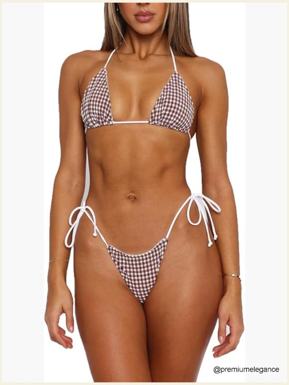 Gingham Plaid Halter Triangle Tie Side Cheeky Thong Bikini Set 2 Piece Bathing